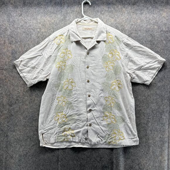 Tommy Bahama Shirt Men Large Beige Casual Button Down Silk Reverse Print Floral - Picture 1 of 12